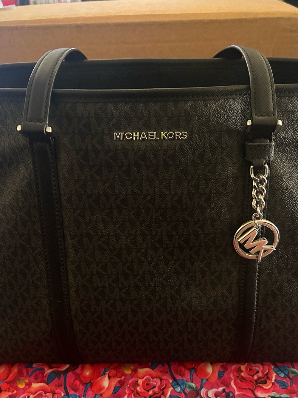 Michael Kors Black Logo-Print Tote with Silver MK Charm